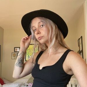 Witchy black wide brimmed fedora hat